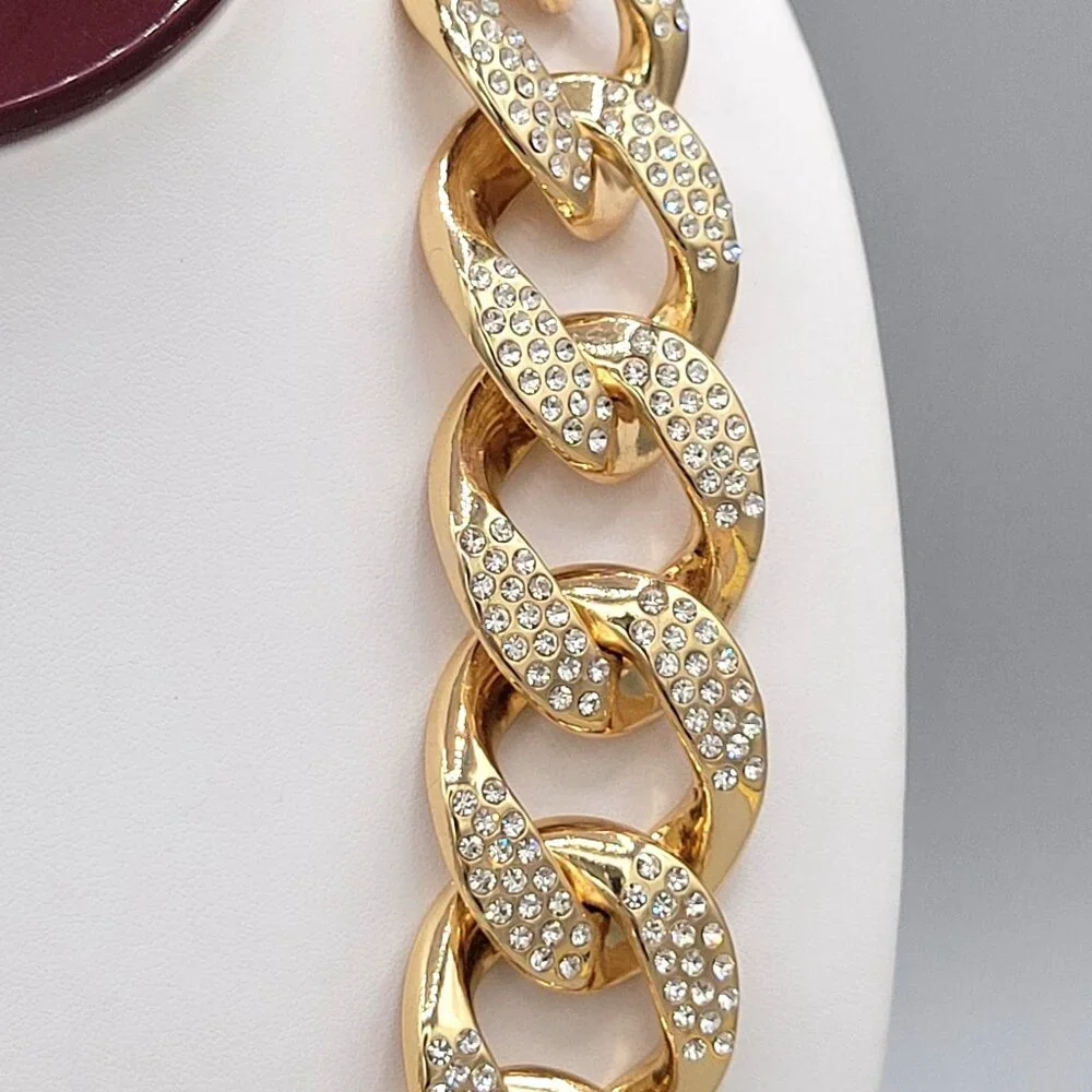 Gold Tone Linking Chain Rhinestone Studded Bib Necklace Collar Length Chunky - Picture 7 of 8